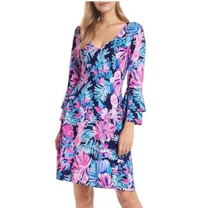 Lilly Pulitzer XS Blue Pink Garden Getaway Raina Ruffle Sleeve Mini Dress Travel